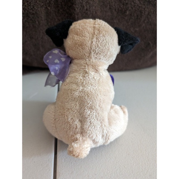 E&J Classic Puggle Dog Plush Stuffed Animal Puppy Beige Puglet Purple Heart Bow - Picture 7 of 8
